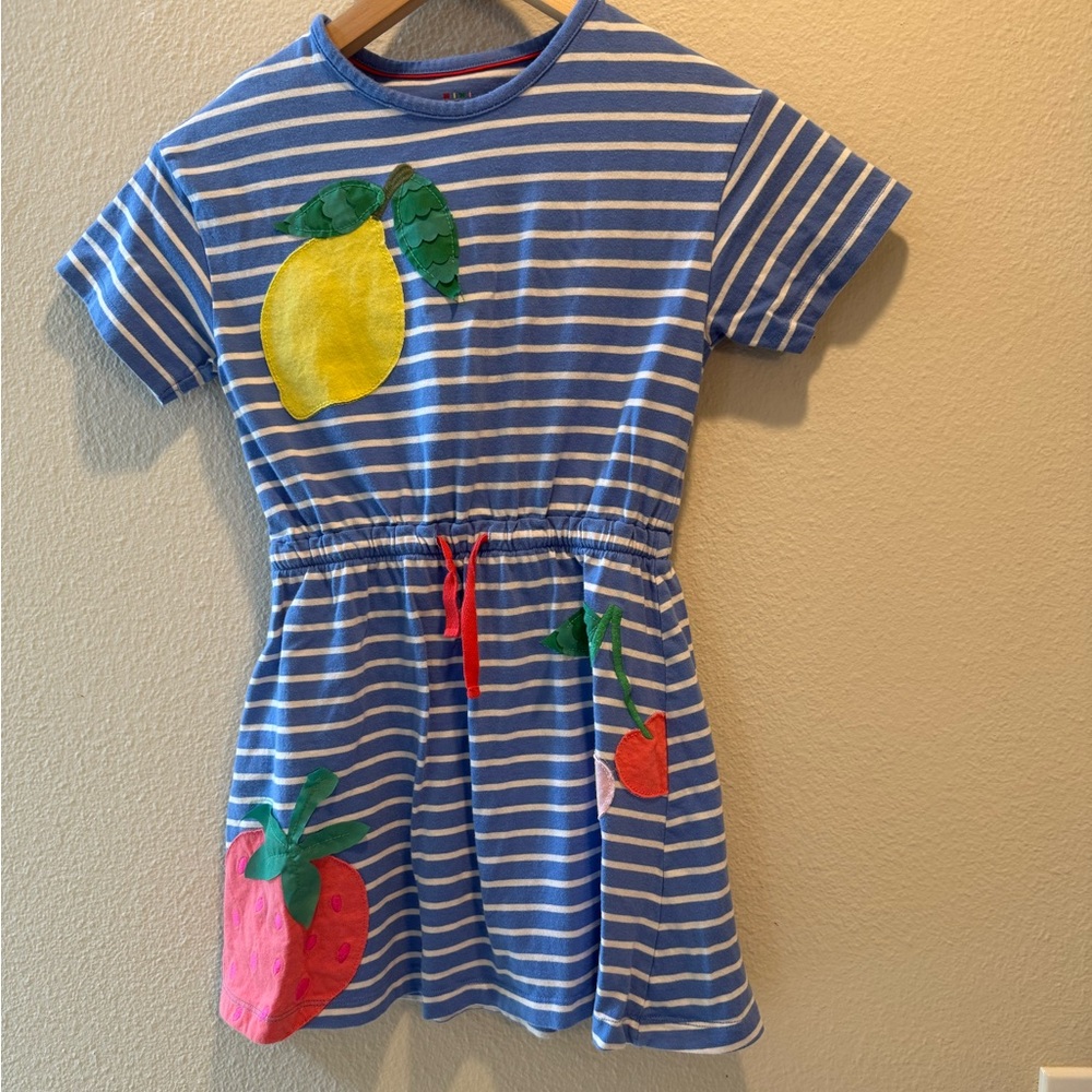 Mini Boden Blue Striped Dress with Fruit Accents